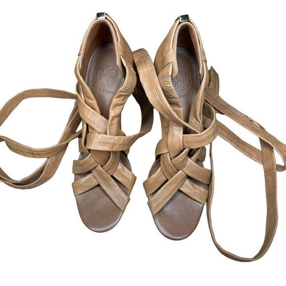 TORY BURCH Wrap Up Heel - Lounge-Baby  in Tan Leather Size 9.5 Orig $325 - Picture 1 of 6